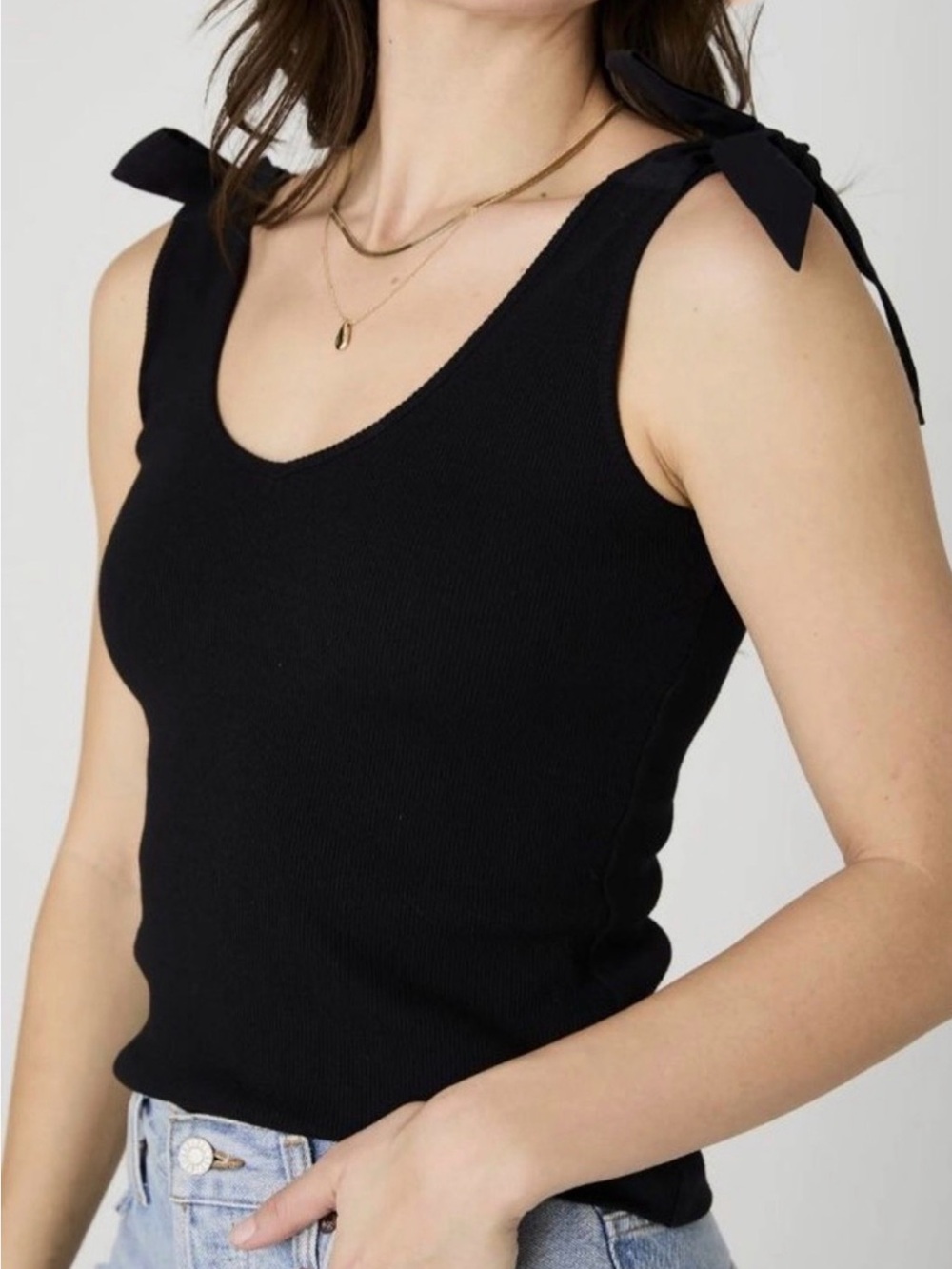 French Connection Black Ribbed Tie-Shoulder Tank
